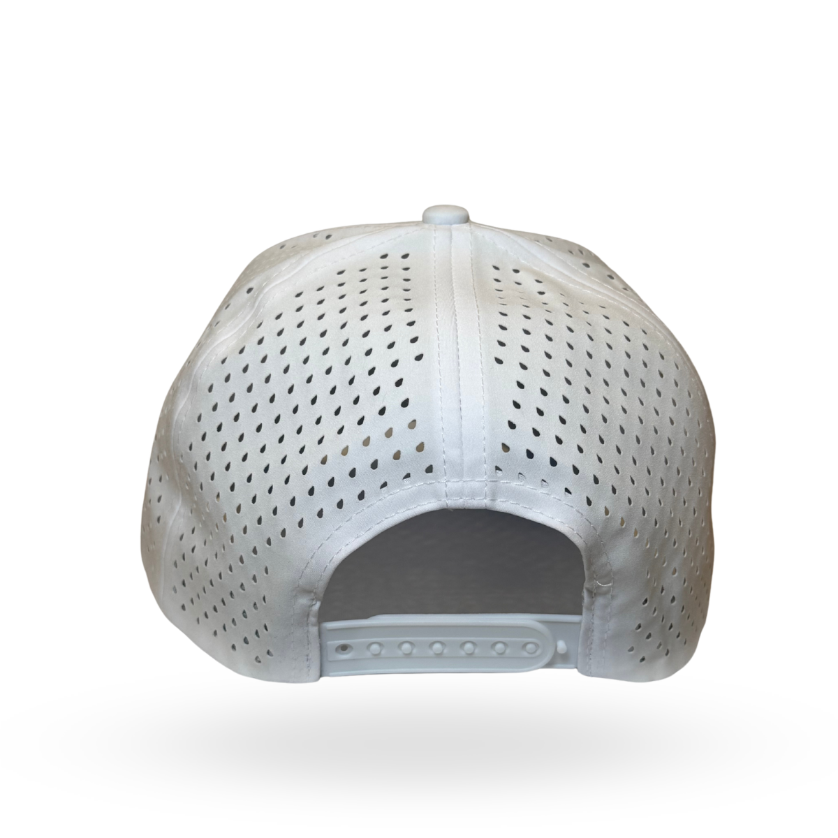 White perforated baseball cap shown from the back, featuring a structured crown with evenly spaced circular cutouts and an adjustable snap closure.