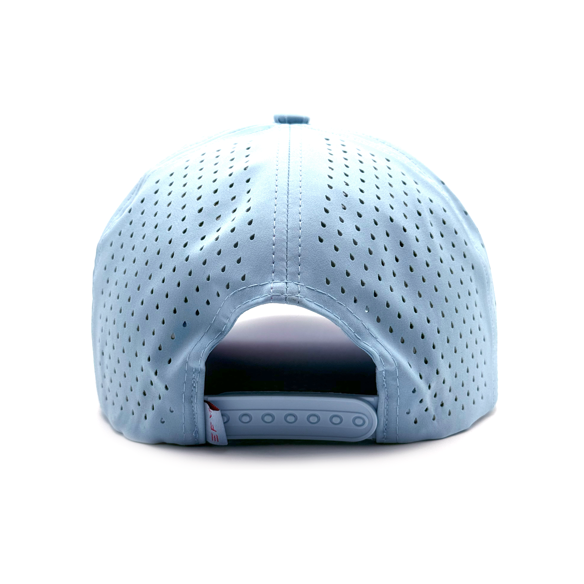 Light blue baseball cap with a mesh back on a white background