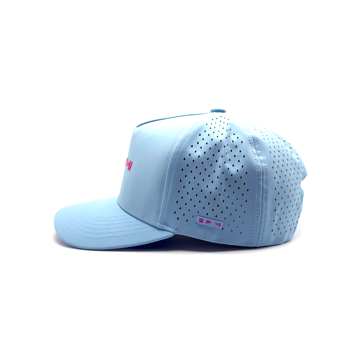 Light blue baseball cap with perforated design on a white background