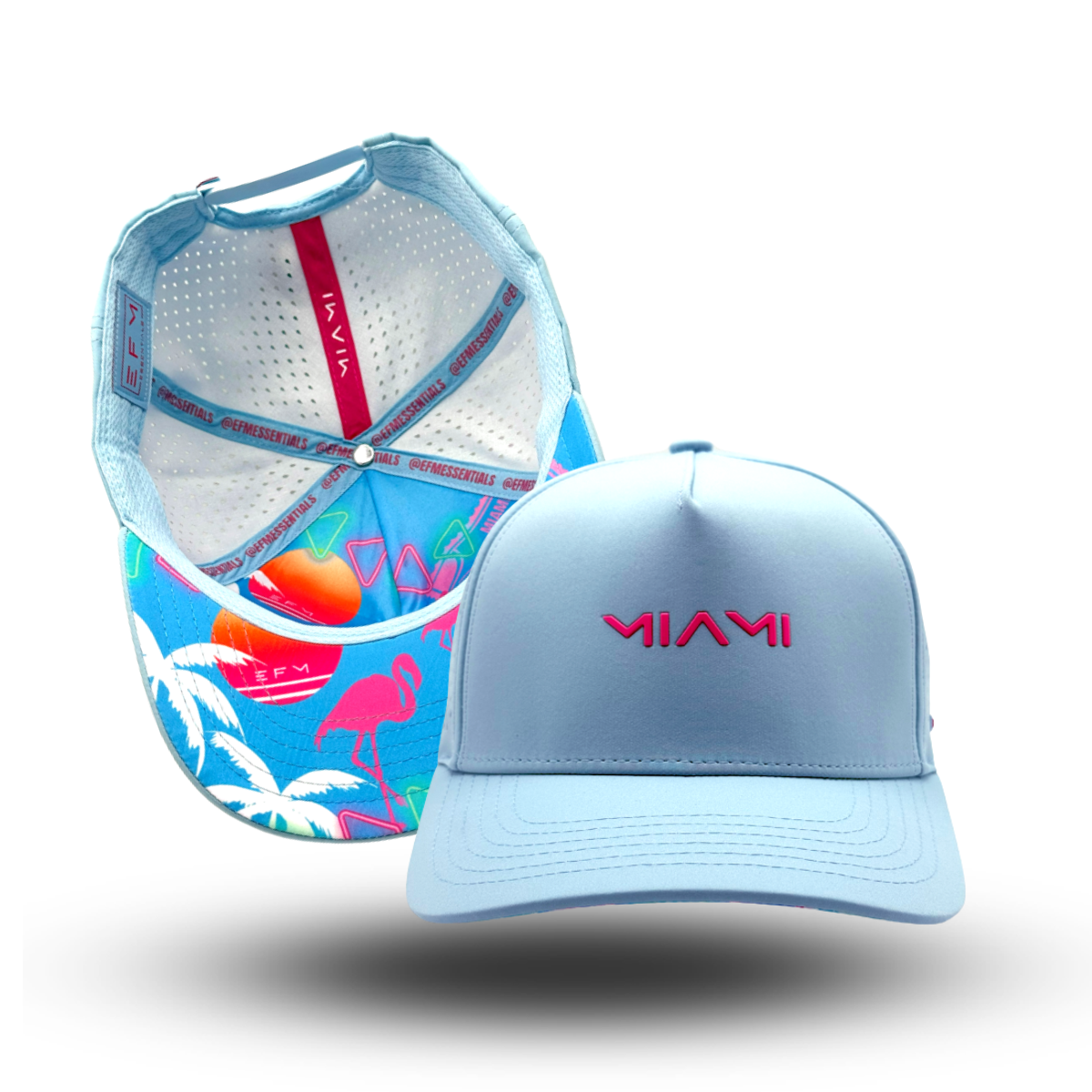 A blue performance trucker hat with 'MIAMI' text on the front and a multicolored pattern on the base.
