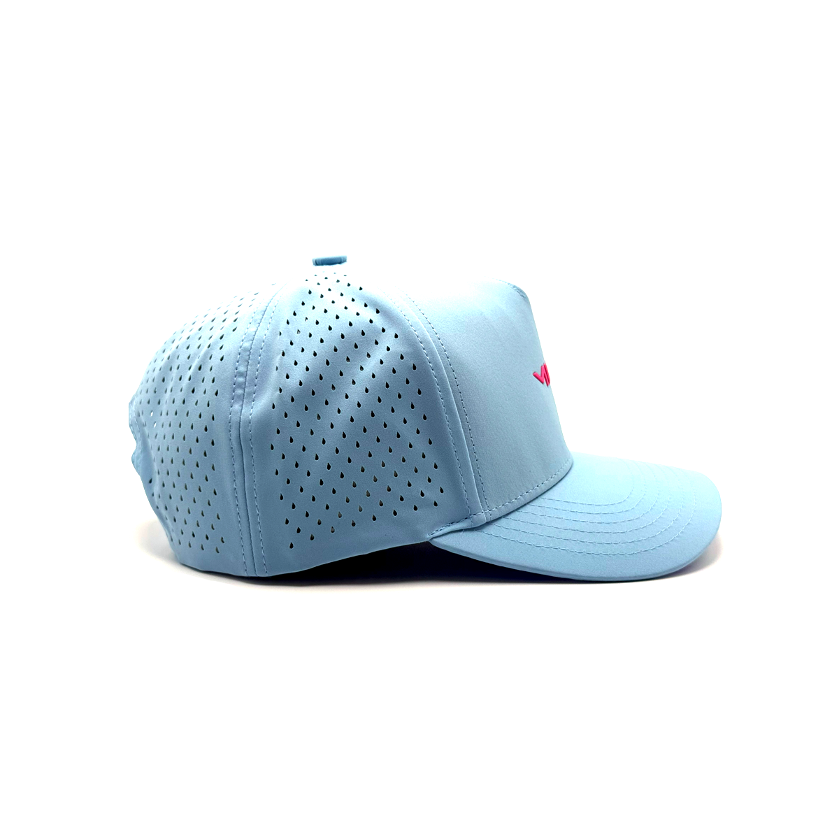 Light blue baseball cap with a small red logo on a white background