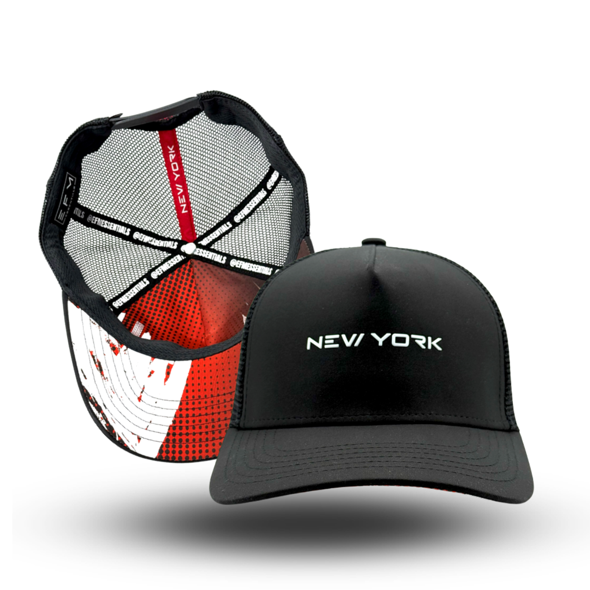 A black trucker hat with 'NEW YORK' text on the front and a mesh back, featuring a snapback closure.