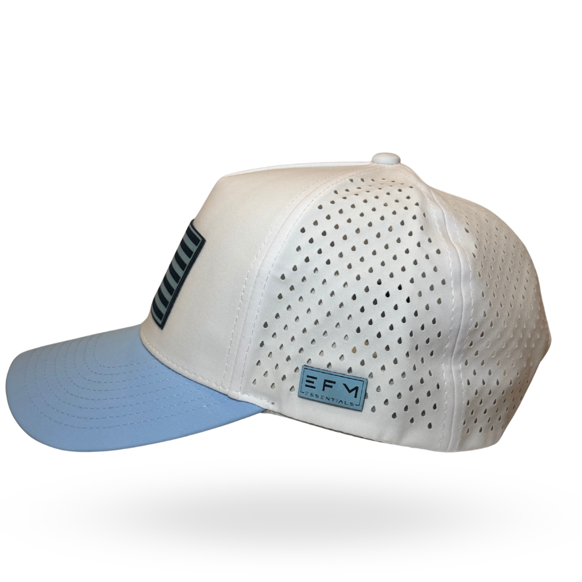 A white and light blue baseball cap with a perforated front panel, a light blue visor, and a small 'SFM Collection' brand patch on the side.