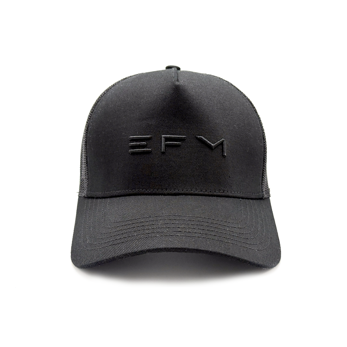 A black EFM District Trucker Hat with an embroidered logo on the front, a mesh back, and an adjustable snapback closure.