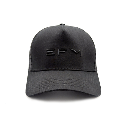 A black EFM District Trucker Hat with an embroidered logo on the front, a mesh back, and an adjustable snapback closure.