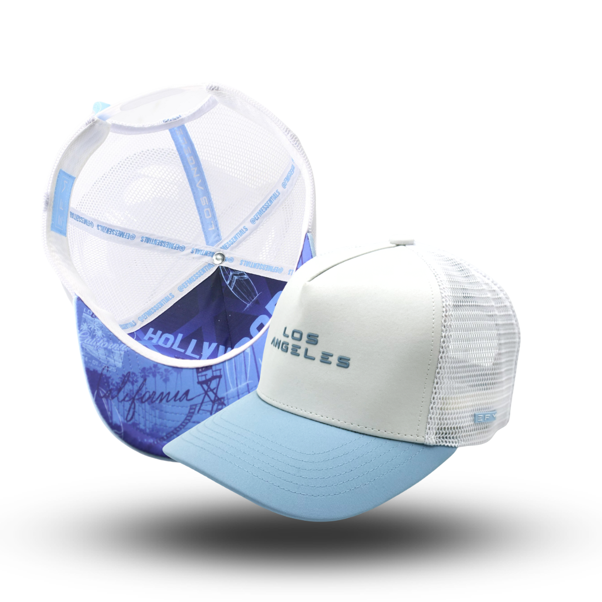 White and blue cap with 'Los Angeles' text on a white background