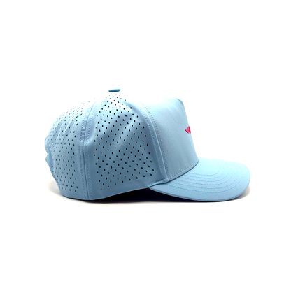Light blue baseball cap with a small red logo on a white background