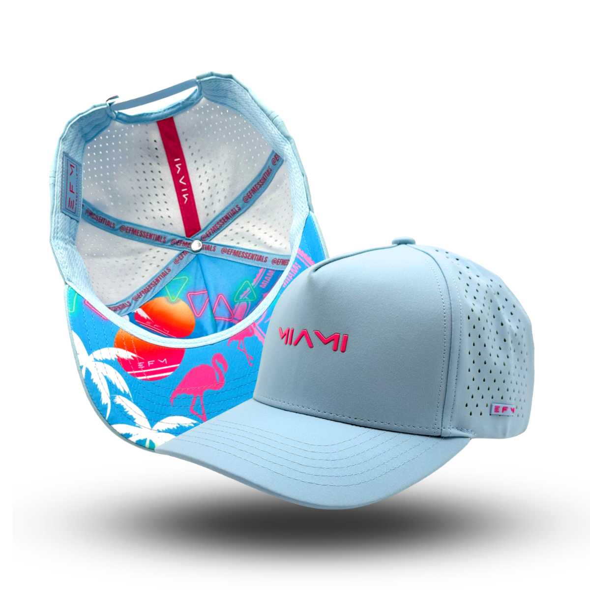 A light blue performance hat with a curved brim and a logo on the front, featuring a vibrant design with pink and green elements on the interior.