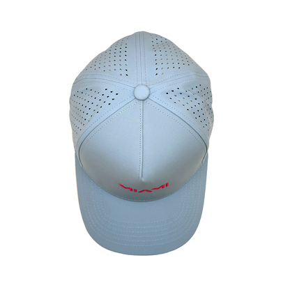 Light blue baseball cap with a logo on a white background