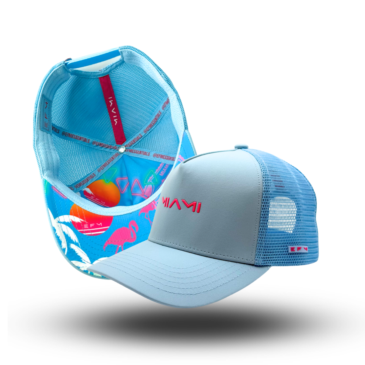 A blue and white trucker hat with a mesh back and an adjustable snap closure, featuring a curved brim and a logo on the front.