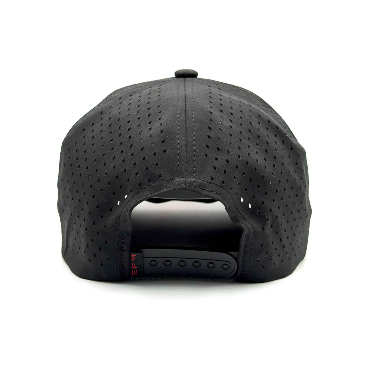 Black baseball cap with perforated design on a white background