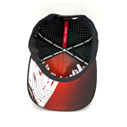 Black, red, and white cap with a visible brand logo on a white background