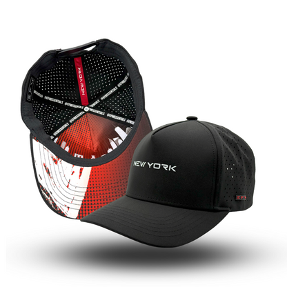 A black performance hat with 'NEW YORK' text on the front and a mesh pattern on the back, with a red accent near the base.