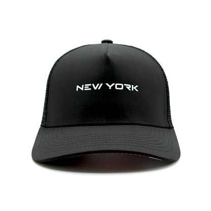 Black cap with 'NEW YORK' text on a white background