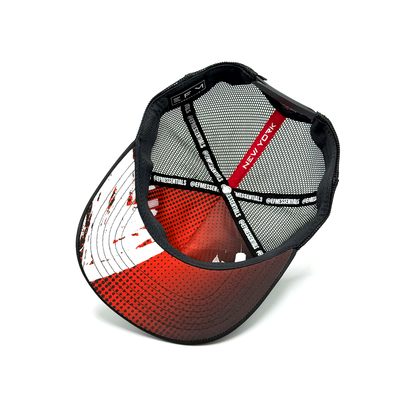 Baseball cap with red and black design on a white background