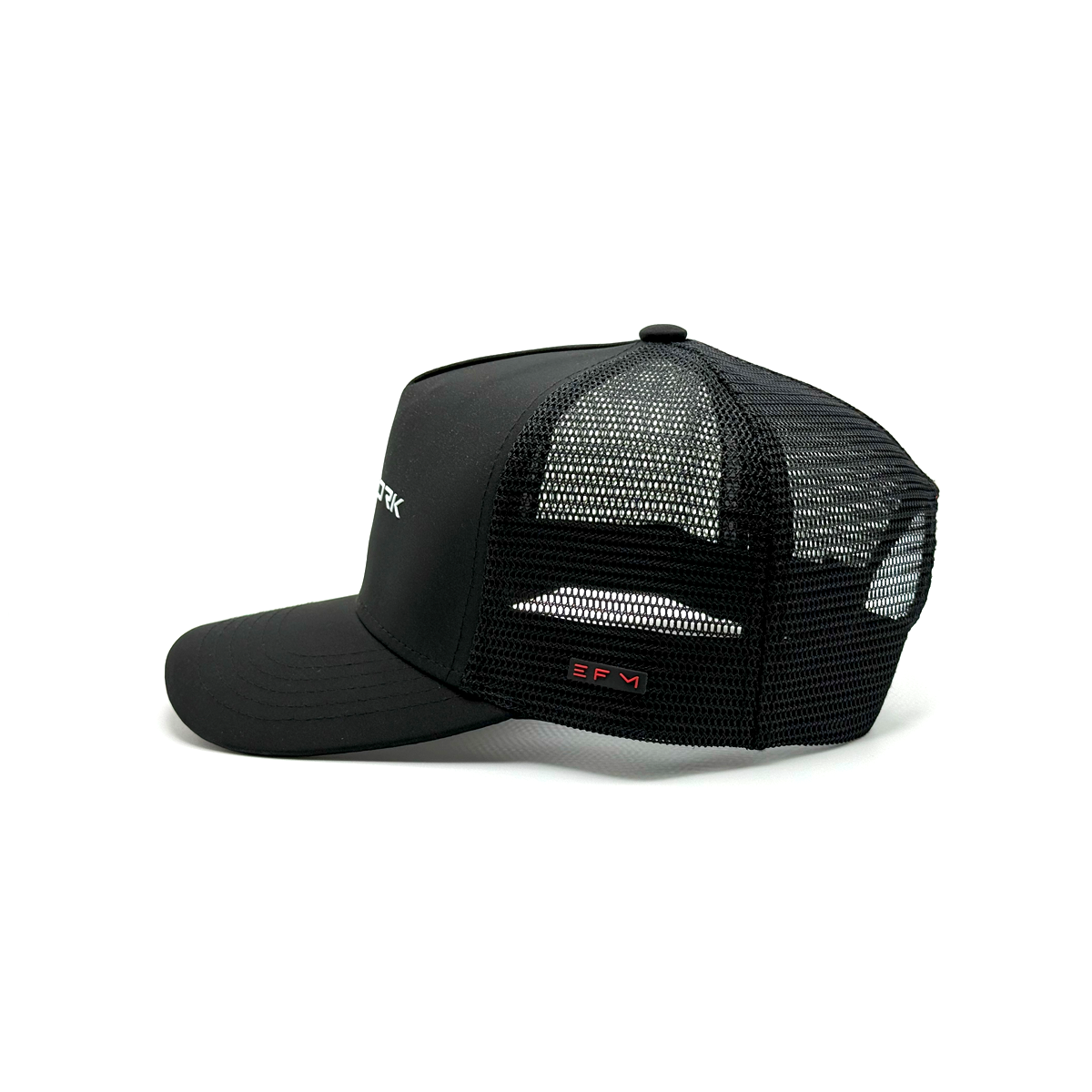 Black mesh cap with brand logo on a white background