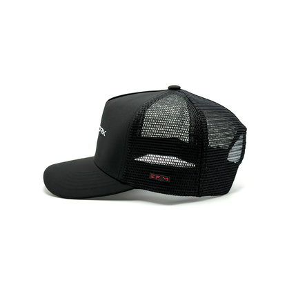 Black mesh cap with brand logo on a white background