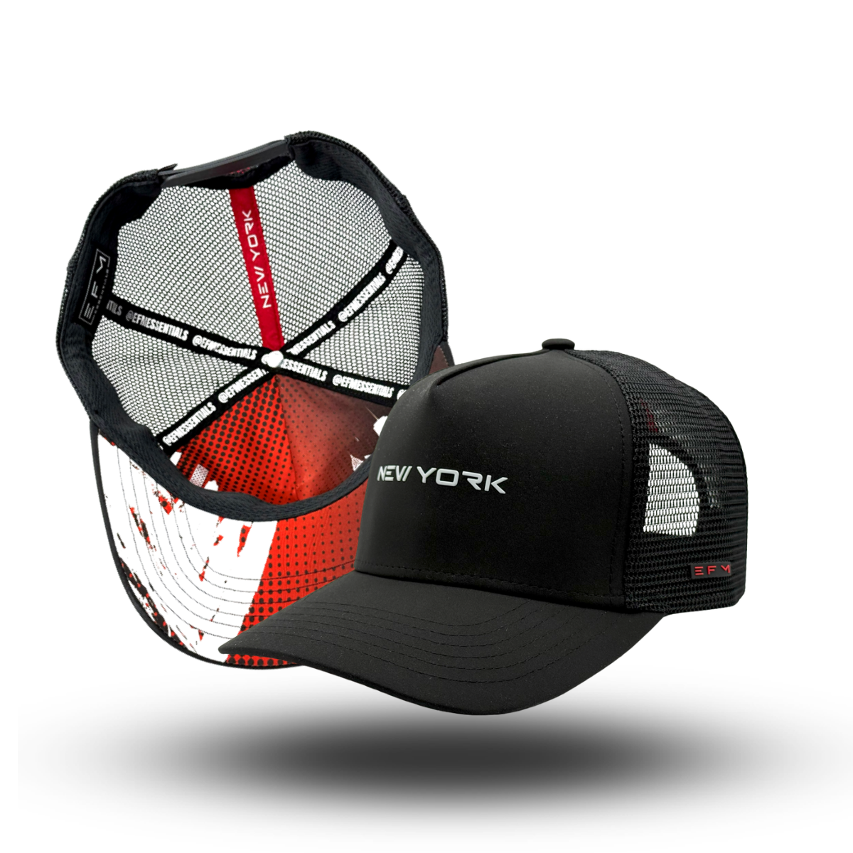 A black trucker hat with a mesh back and a 'NEW YORK' text on the front.