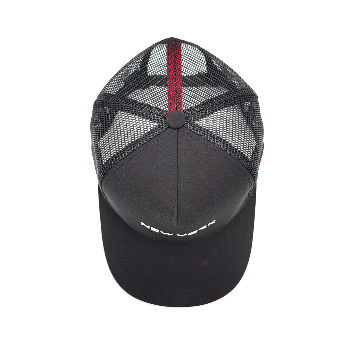 Black cap with mesh back and red stripe on a white background