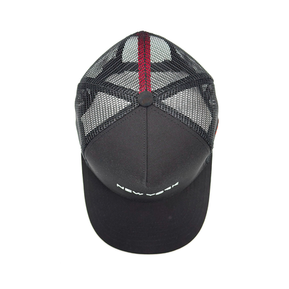 Black cap with mesh back and red stripe on a white background