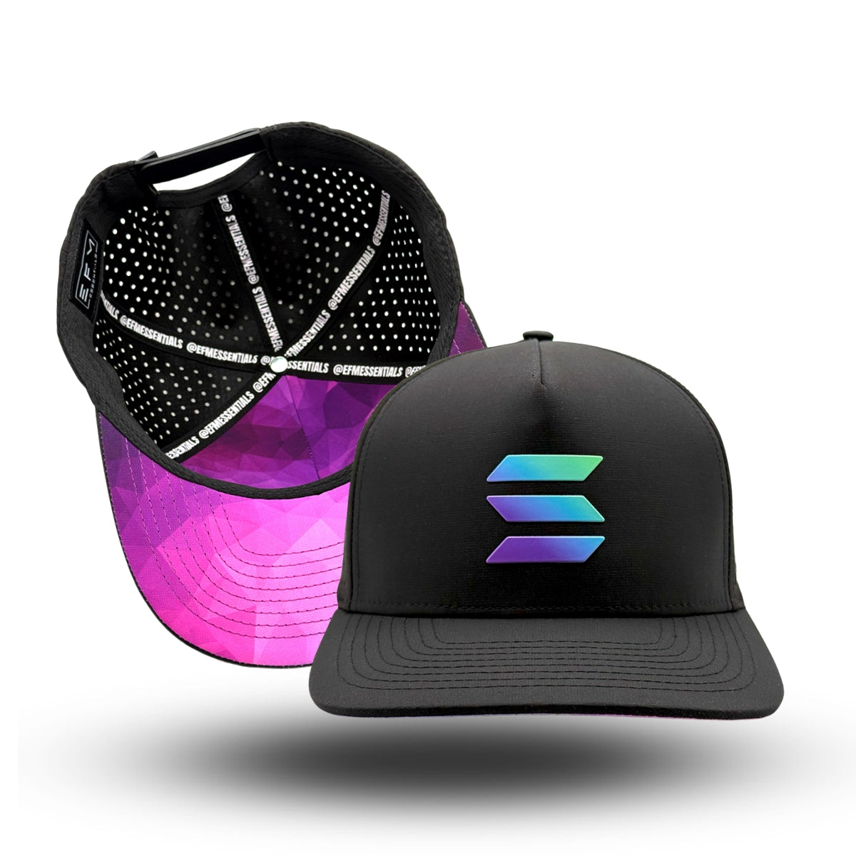 A black snapback cap with a geometric multicolored pattern on the front, showcasing a modern design with built-in ventilation holes on the top.